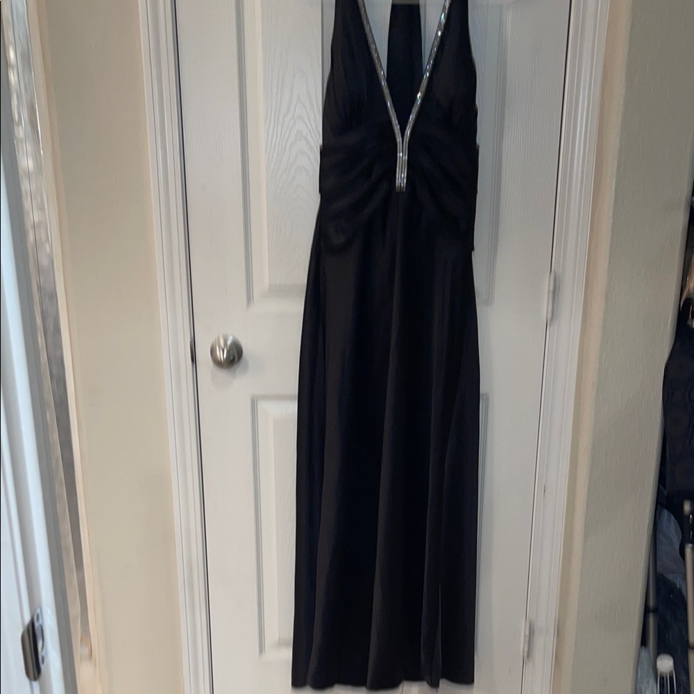 Chic Black Backless Dress with Embellished Detail